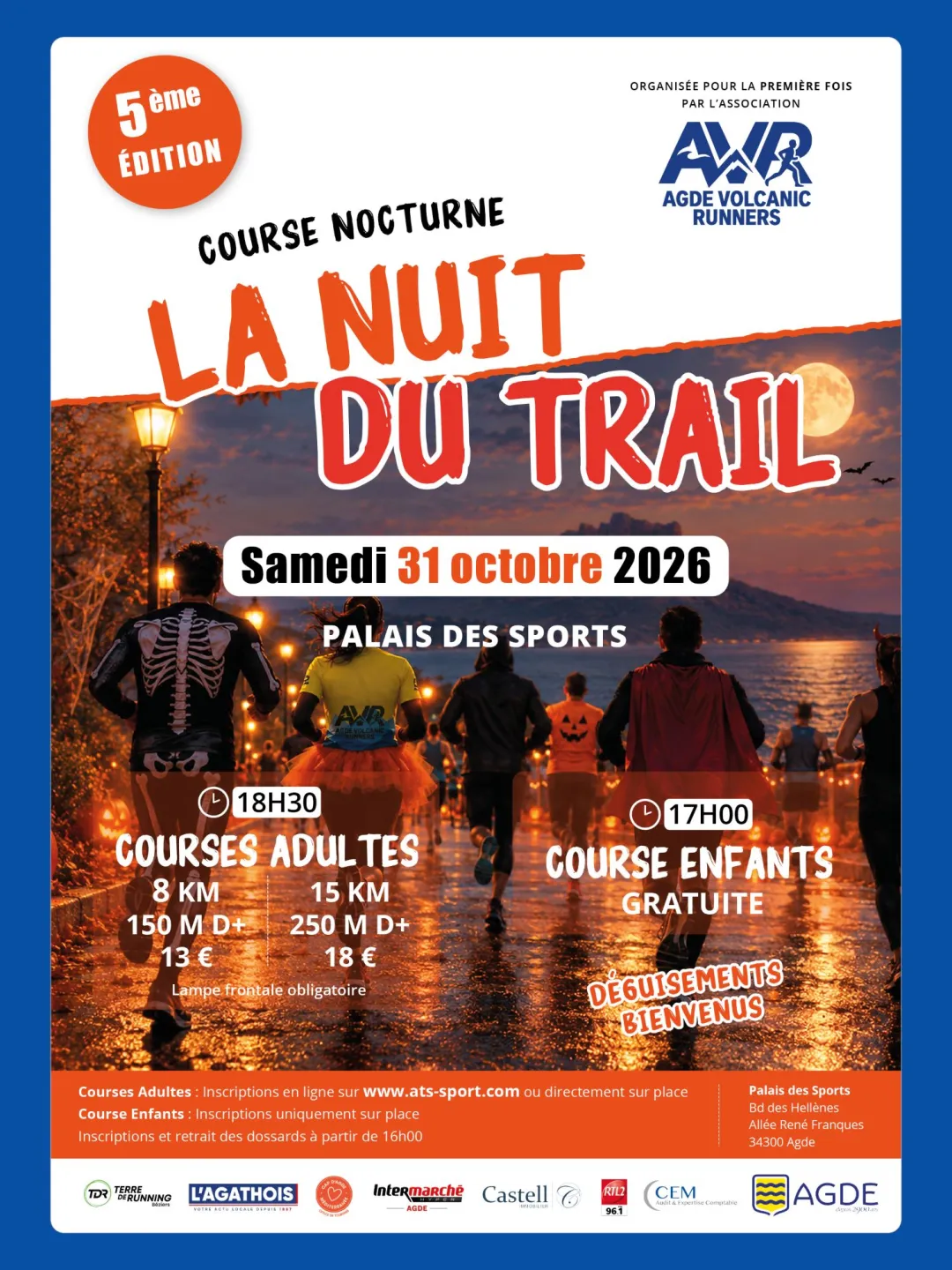 Affiche officielle de La Nuit du Trail, 5e édition, course nocturne à Agde le samedi 31 octobre 2026 au Palais des Sports